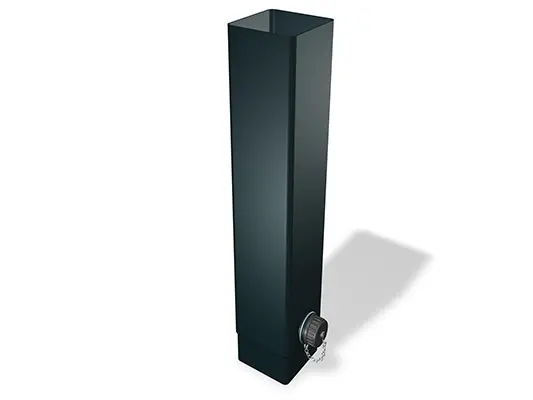 Colector de apă PREFA pentru țevi pătrate, disponibil în dimensiunea de 100 mm, servește la colectarea eficientă a apei de ploaie în sistemele de drenaj al acoperișurilor.