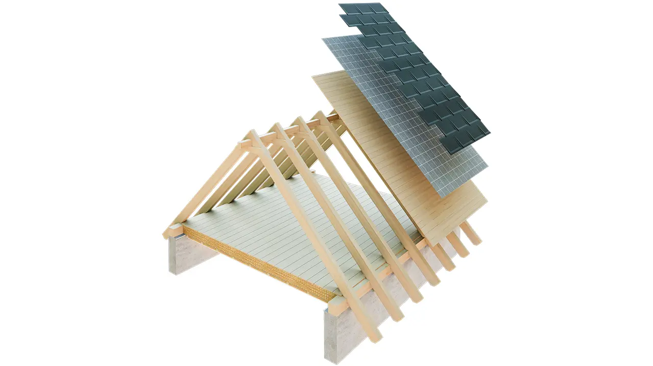 Reprezentare tehnică PREFA a unei structuri de acoperiș cu astereală simplă - podul nu poate fi locuit, deoarece servește ca nivel de ventilație pentru acoperișul metalic; astereală plină și strat de separație fără șipci; acoperiș neizolat
