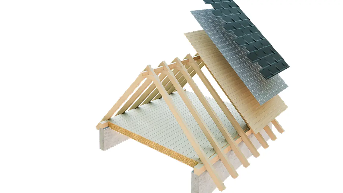 Reprezentare tehnică PREFA a unei structuri de acoperiș cu astereală simplă - podul nu poate fi locuit, deoarece servește ca nivel de ventilație pentru acoperișul metalic; astereală plină și strat de separație fără șipci; acoperiș neizolat