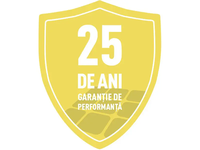 Siglă galbenă de garanție pentru o garanție de performanță de 25 de ani pentru panoul solar de acoperiș PREFA și modulul solar PREFALZ