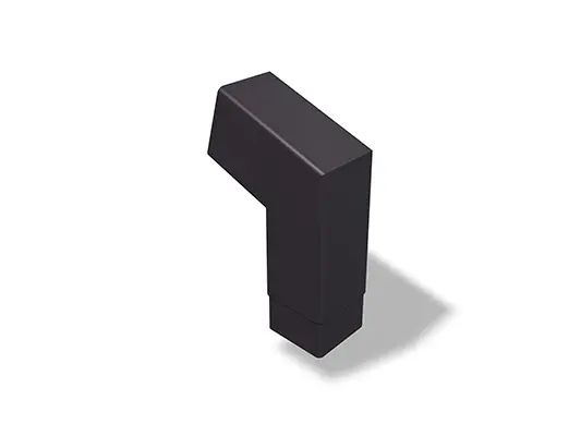 Cot PREFA pentru țevi pătrate 72° (scurt), disponibil în dimensiunile 80 și 100 mm, cu dimensiuni de 196 x 196 mm (vizibile). Acest cot compact permite o schimbare precisă a direcției la instalarea țevilor pătrate în sisteme de acoperișuri și fațade.