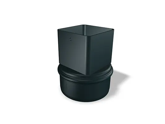 Manșon PREFA pentru țevi pătrate 80, disponibil în dimensiunile 80 Ø 106 mm și 80 Ø 115 mm, servește la conectarea flexibilă a țevilor pătrate și asigură o etanșare fiabilă în sistemele de drenaj al acoperișurilor.