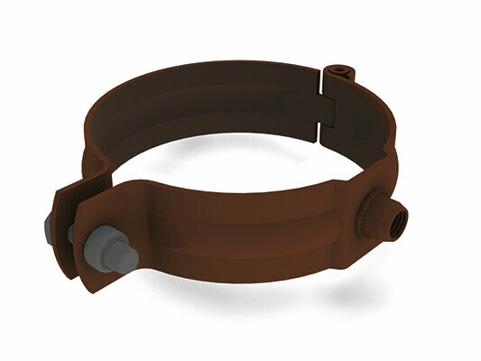 Clemă PREFA pentru țeavă de scurgere, maro, Ø 60, 80, 100, 120, 150 mm, cu filet M10 fără știft, soluție stabilă de fixare pentru țevi de scurgere.