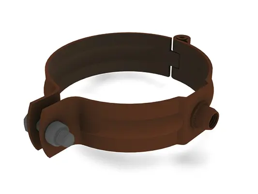Clemă PREFA pentru țeavă de scurgere, maro, Ø 60, 80, 100, 120, 150 mm, cu filet M10 fără știft, soluție stabilă de fixare pentru țevi de scurgere.