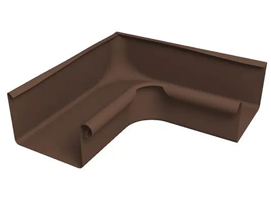 Imaginea prezintă un colț de jgheab PREFA maro, de 90°, pentru interior, din aluminiu robust. Acest accesoriu durabil pentru jgheaburi permite o îmbinare curată și etanșă a jgheaburilor la colțurile interioare și asigură o scurgere fiabilă a apei de pe acoperiș. Colțul interior este disponibil pentru jgheaburi cu dimensiunile 250, 333, 400 și 500.